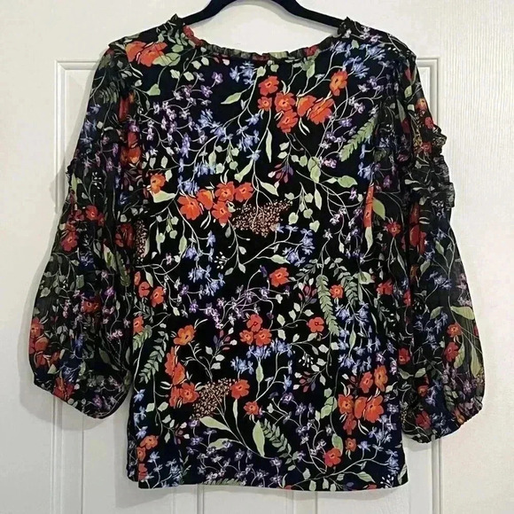 Women's MAEVE Anthropologie Jacquin Peasant Blouse Size Medium Black Floral - Picture 5 of 7